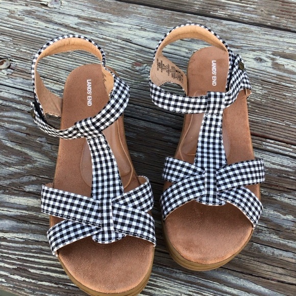 Land End Ginghams Black White Plaid Velcro Straps Summer Women Sandals - Picture 6 of 8